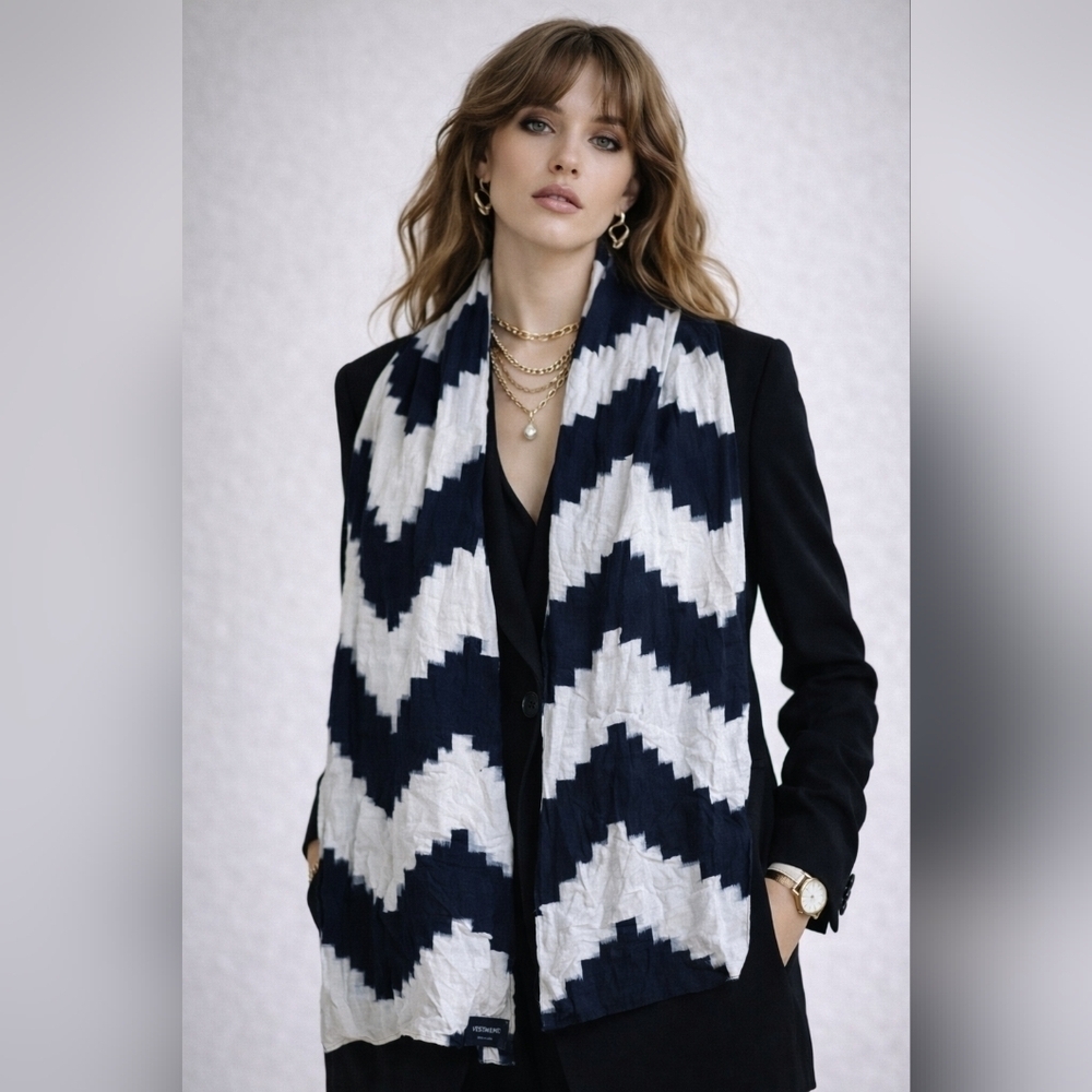 VESTMENT Linen Scarf Wrap Black White Zigzag Made in USA 18x78 Minimalist
